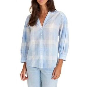 Veronica Beard Harris Plaid Button Up Shirt White White Puff 3/4 Sleeve Top sz S